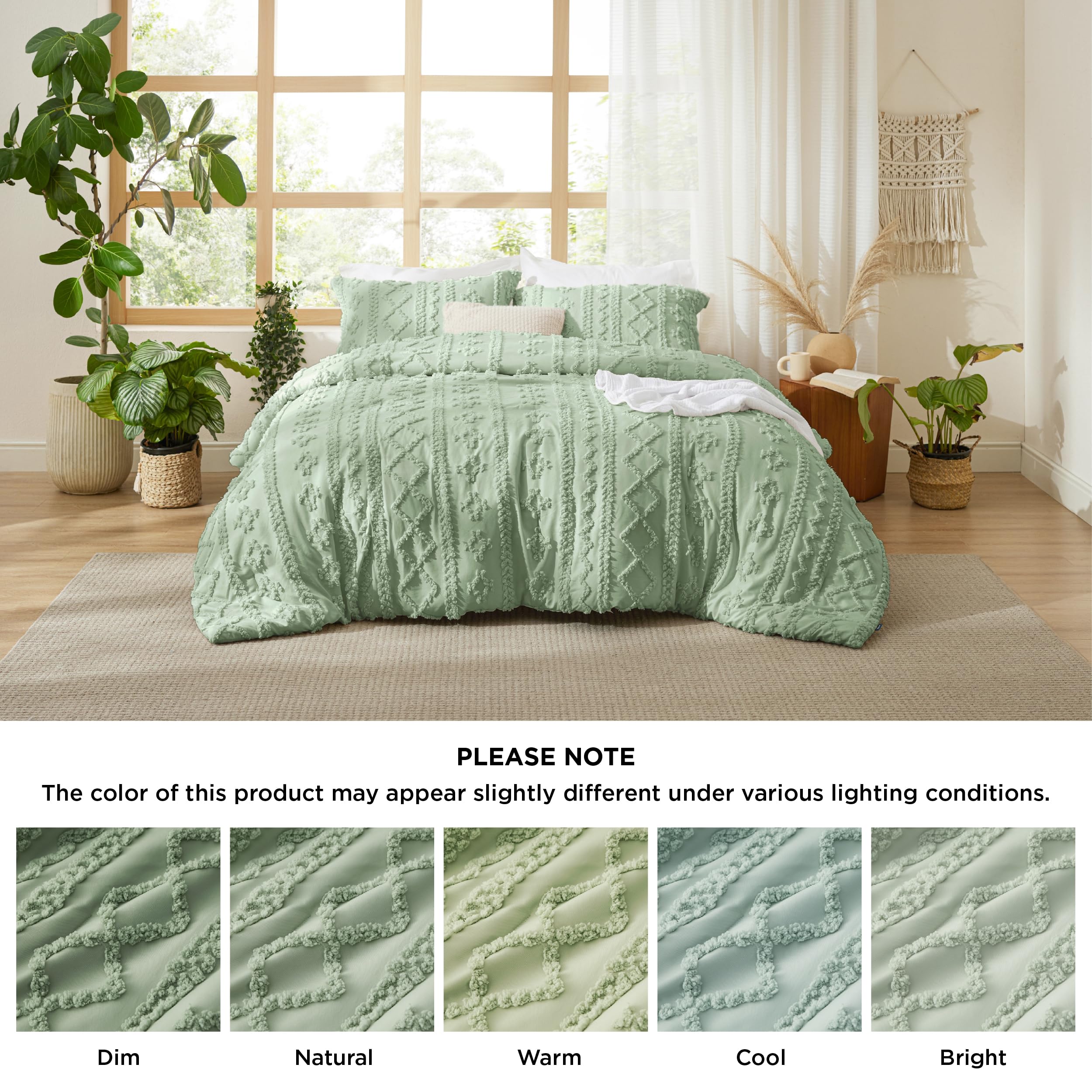 Bedsure comforter laid alongside queen mattress showing coverage and sizing guidance