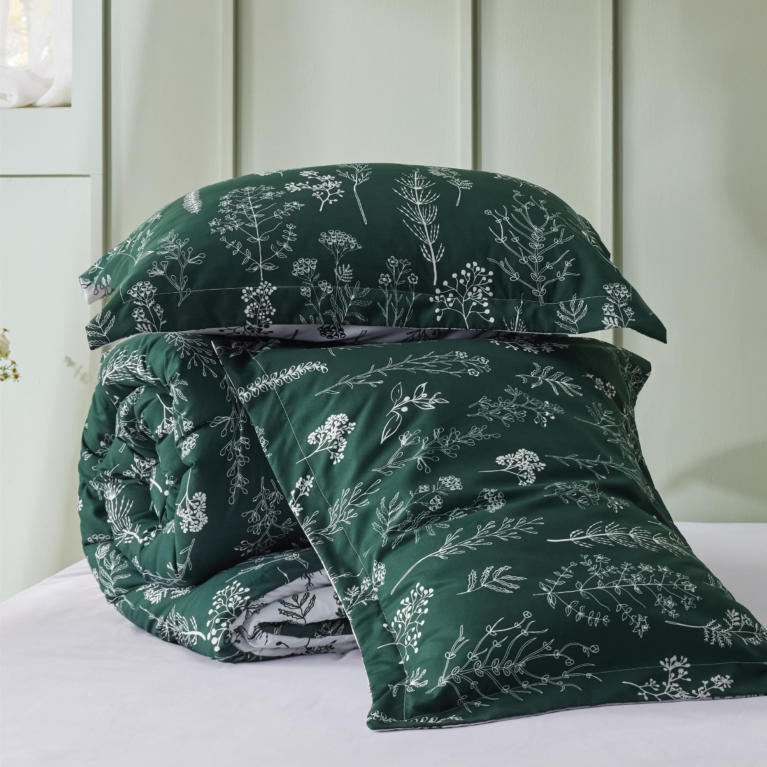 Bedsure comforter on bed scale comparison showing queen size fit and coverage