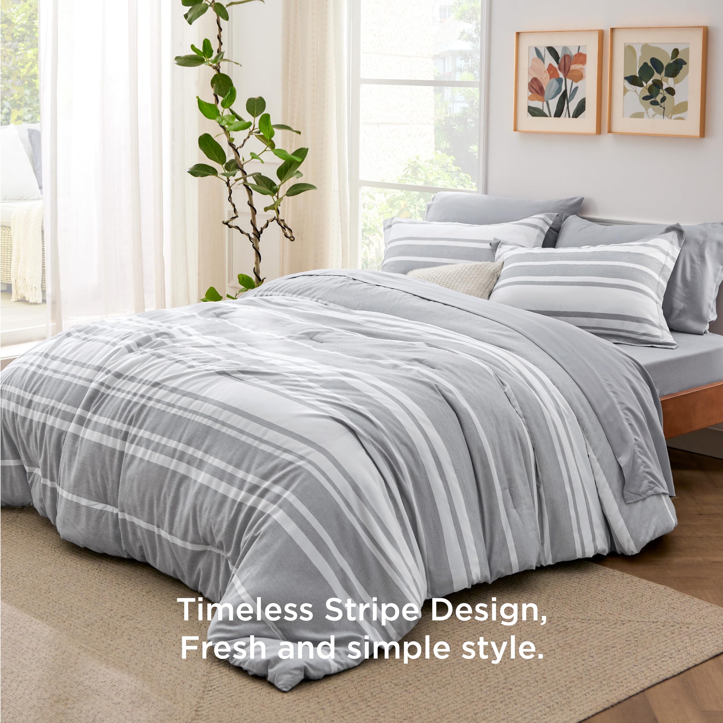 Bedsure comforter with hand scale showing loft and lightweight warmth for seasons