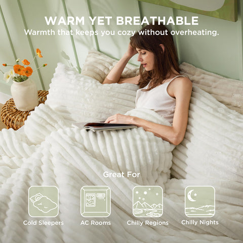 Bedsure comforter draped on queen mattress illustrating generous coverage