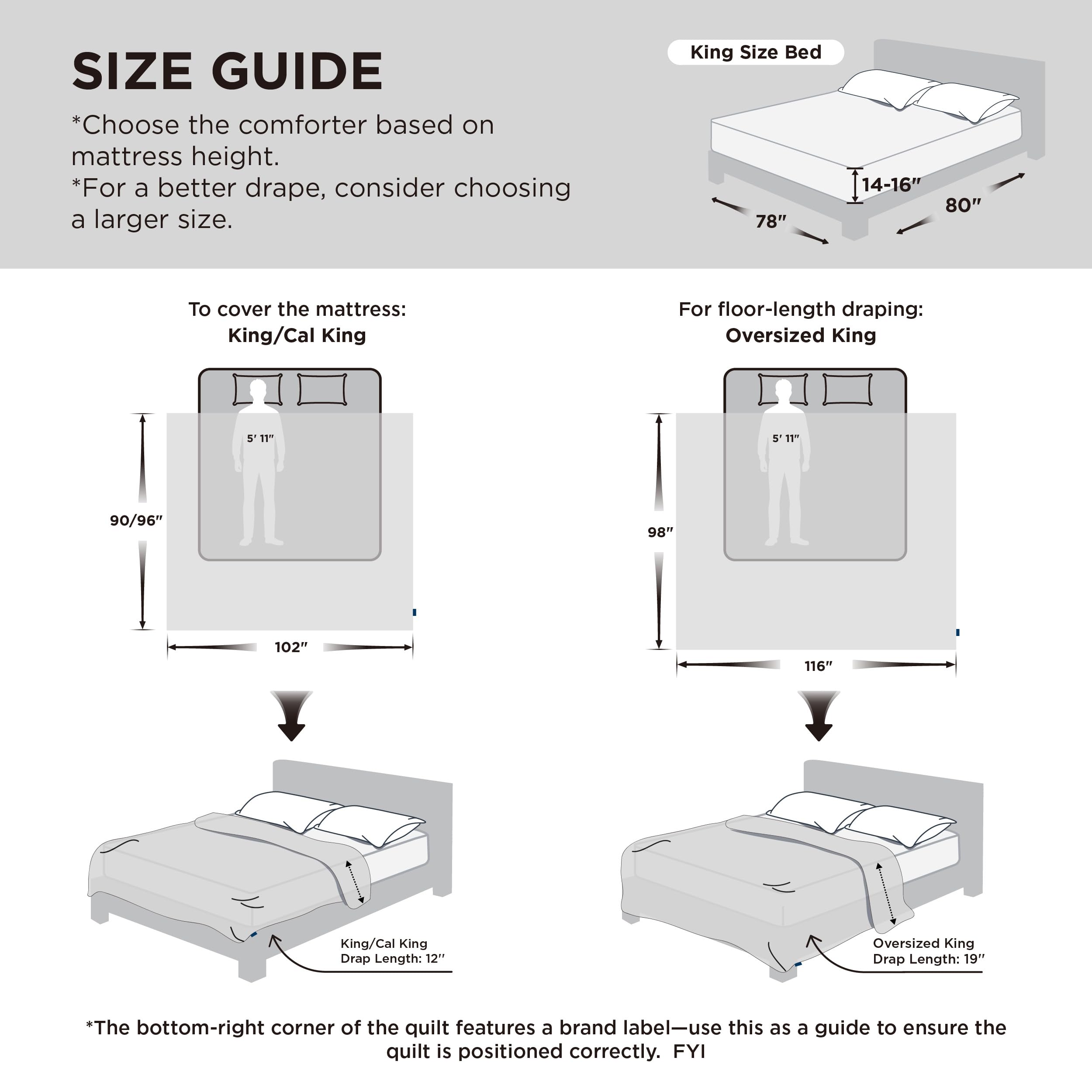 Bedsure comforter with measuring tape illustrating 116x98 inch oversized fit