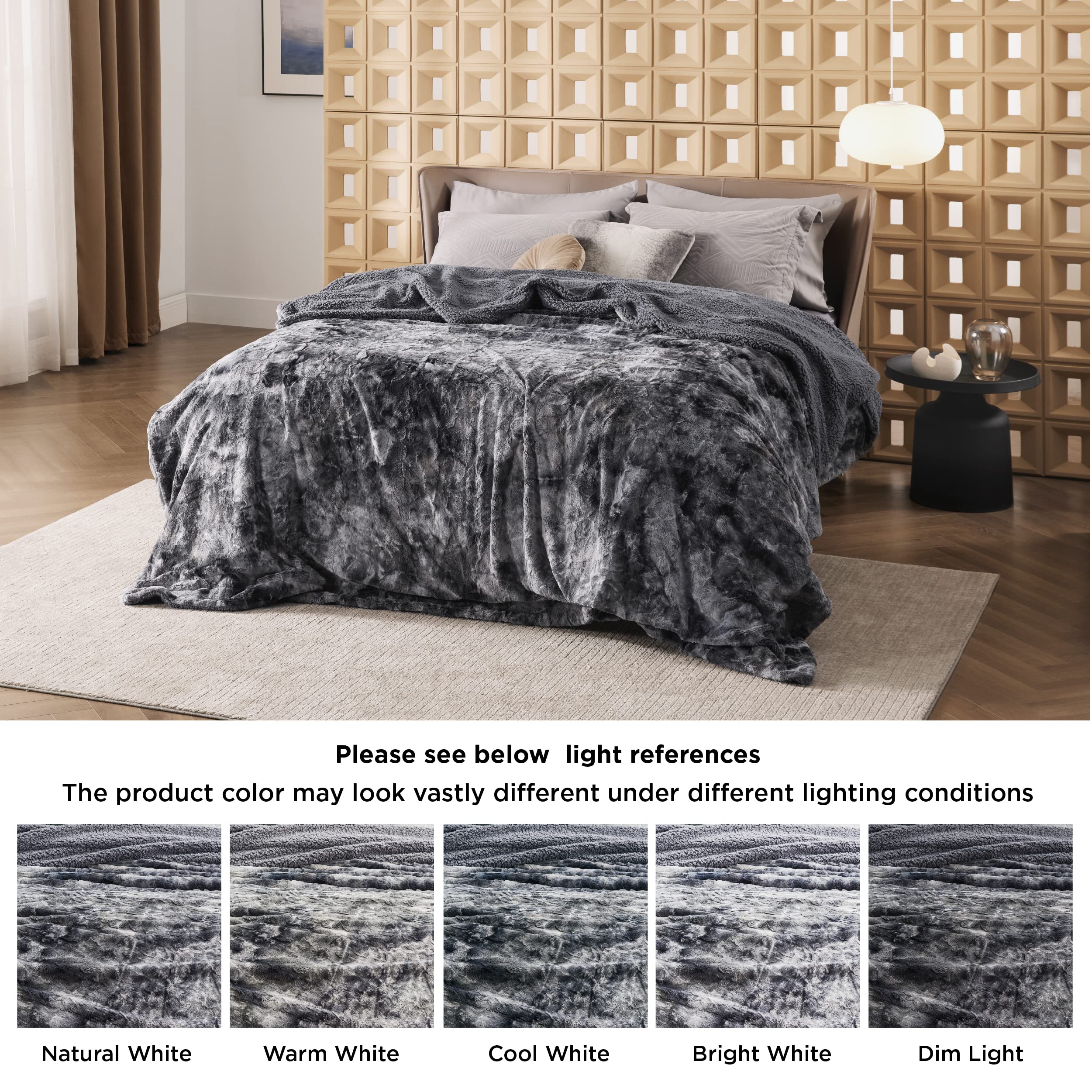 Bedsure blanket next to person showing 90x90 size and full coverage benefit