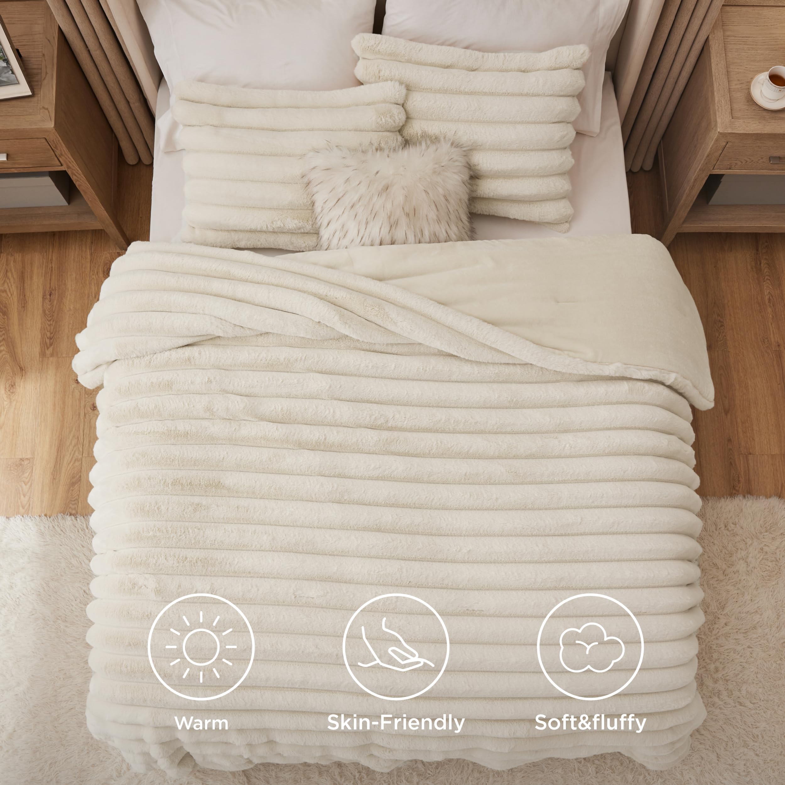 Bedsure comforter next to ruler showing 90x90 queen size coverage