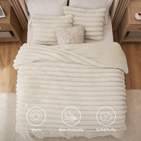Bedsure comforter next to ruler showing 90x90 queen size coverage