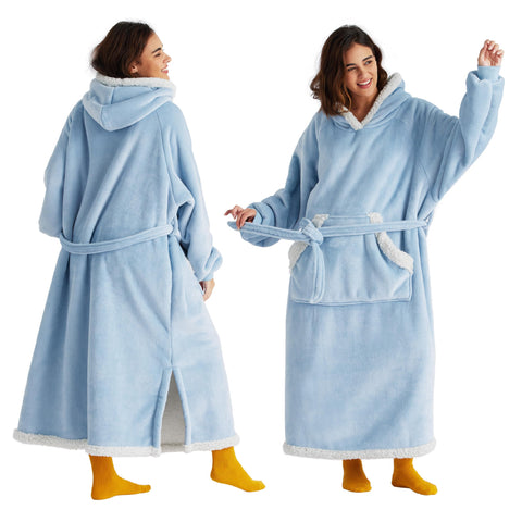 Bedsure sky blue front view showing hood and long silhouette for all-day warmth