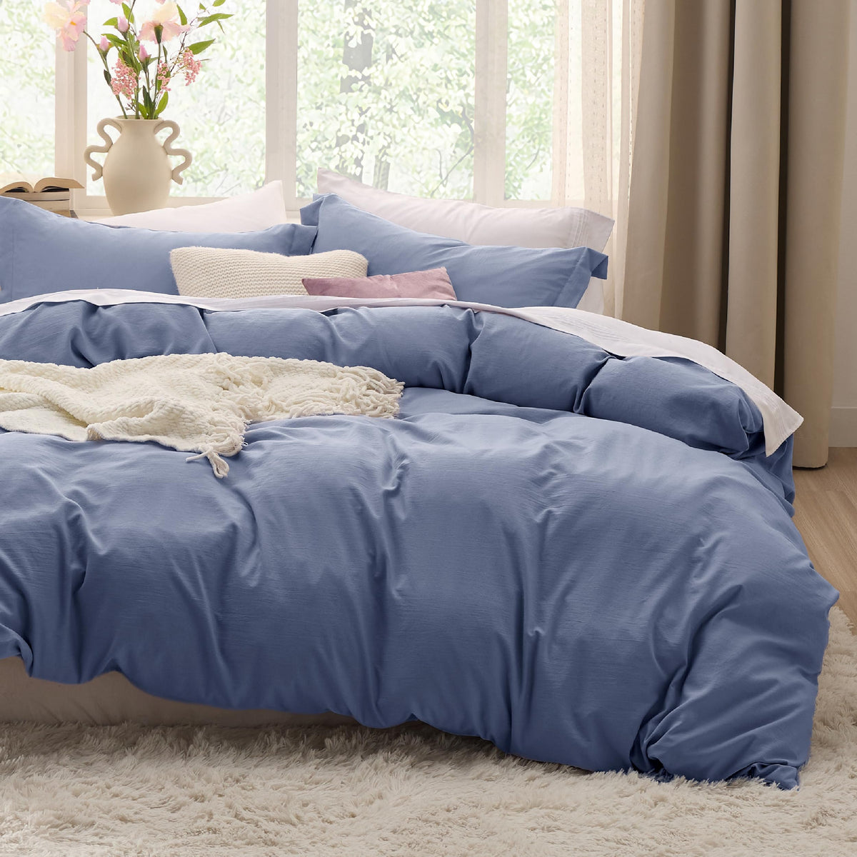 Bedsure slate blue front view showing full queen duvet cover and two shams, enhancing bedroom style