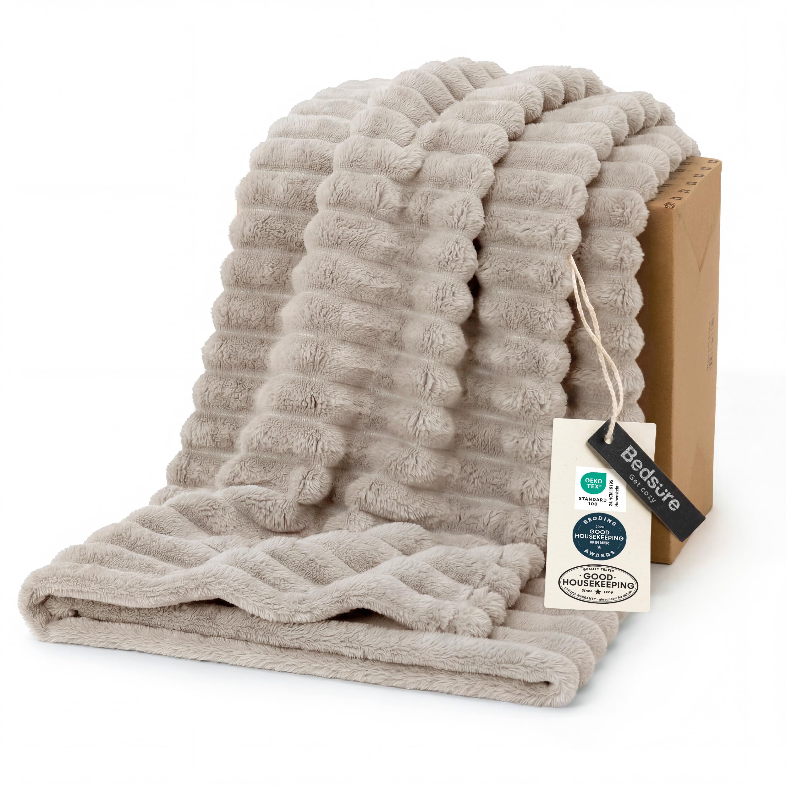 Bedsure front view of soft beige throw showing size and neutral styling benefit