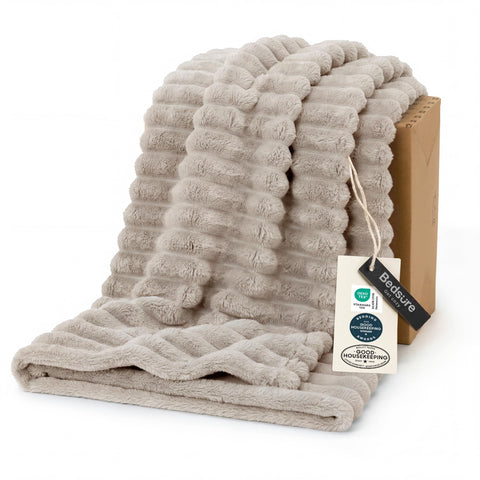 Bedsure front view of soft beige throw showing size and neutral styling benefit