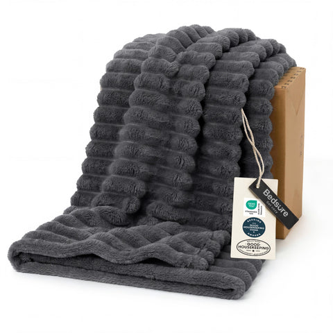 Bedsure throw front view on sofa showing soft grey color and cozy appeal