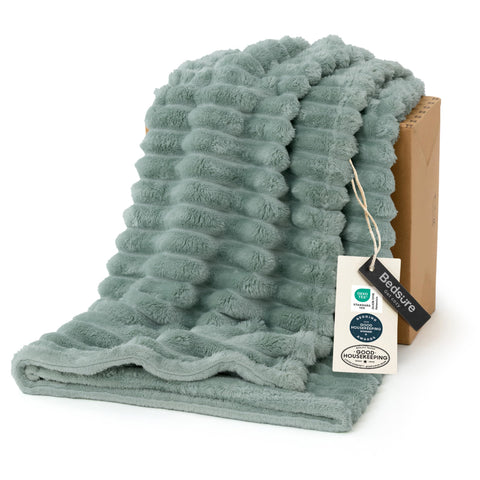 Bedsure throw front view showing sage color and striped pattern for versatile styling