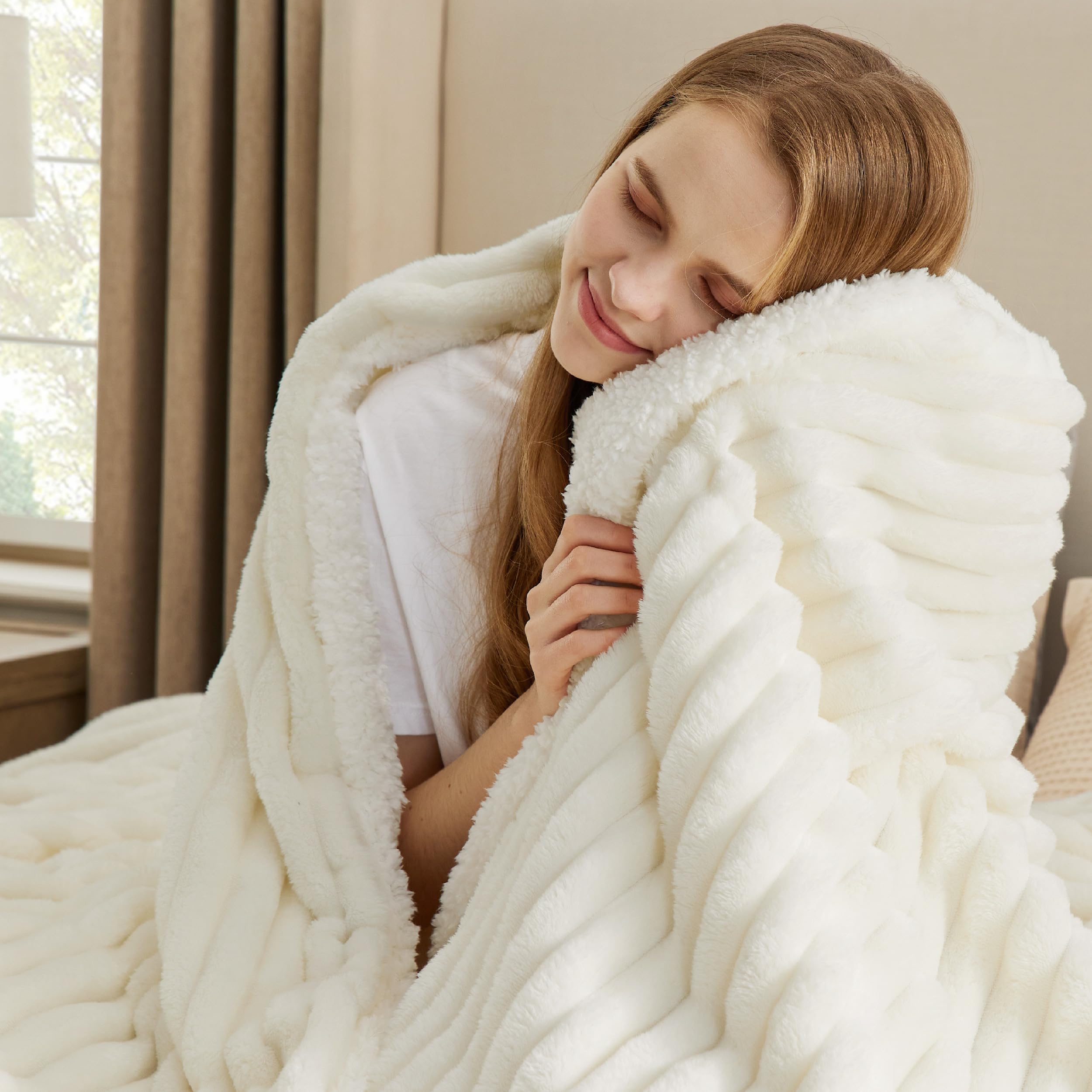 Bedsure blanket front flat lay showing elegant stripes and cozy texture