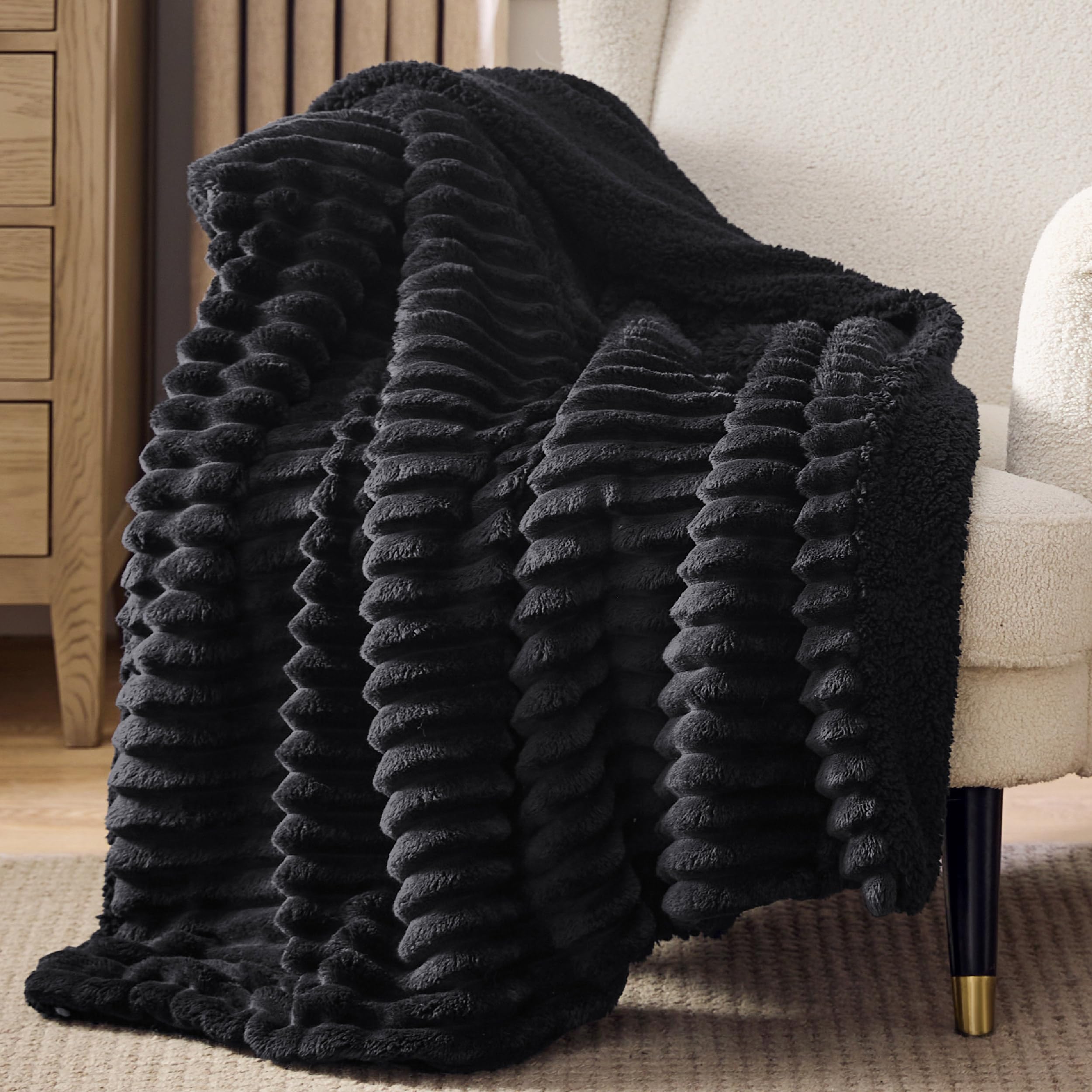Bedsure blanket front view showing striped microfiber and elegant look for styling