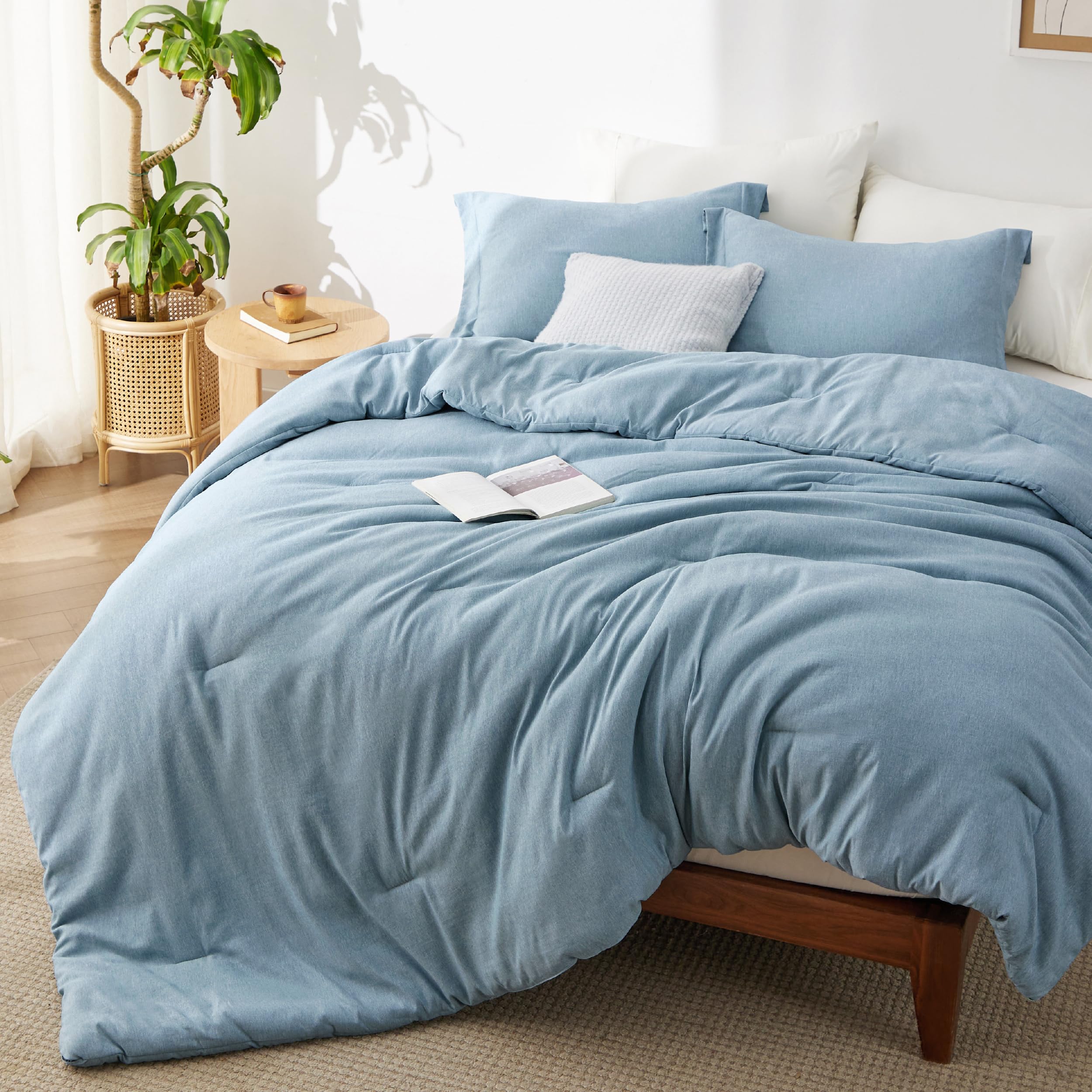 Bedsure front view of Storm Blue comforter set showing full bedding coverage and neat styling