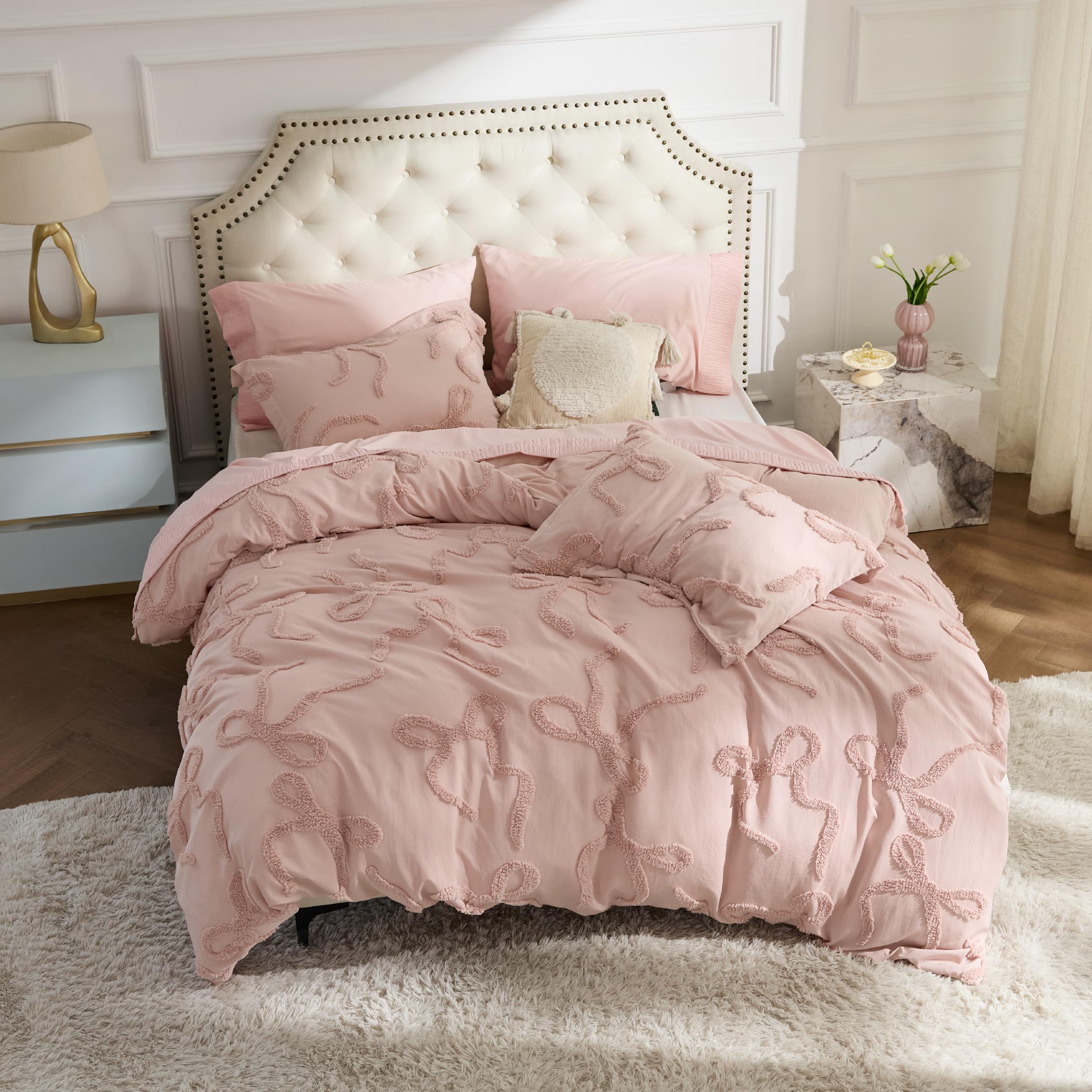 Bedsure styled bedroom with the queen comforter creating a cozy pink room aesthetic