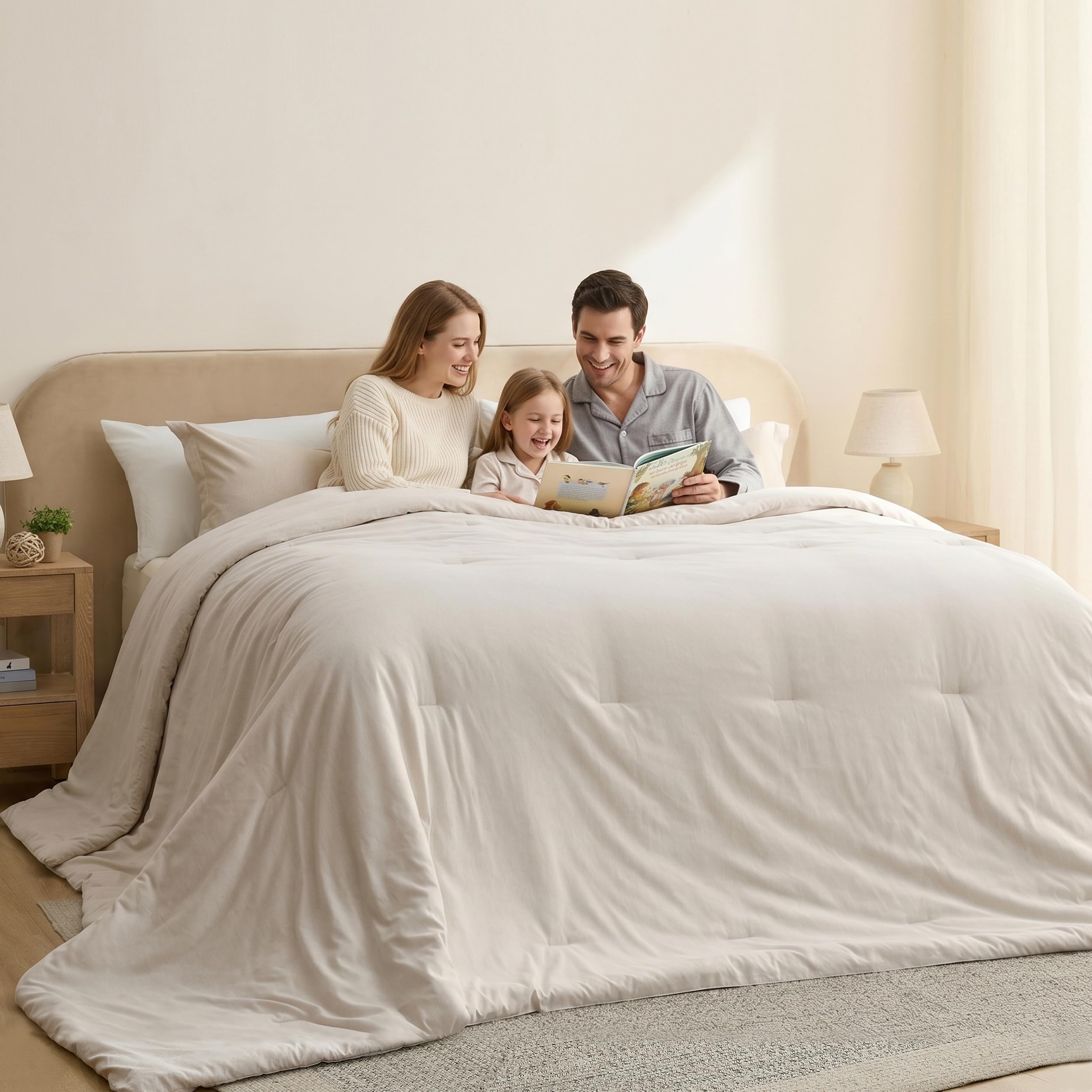 Bedsure comforter front view showing full super king coverage and neat drape benefit