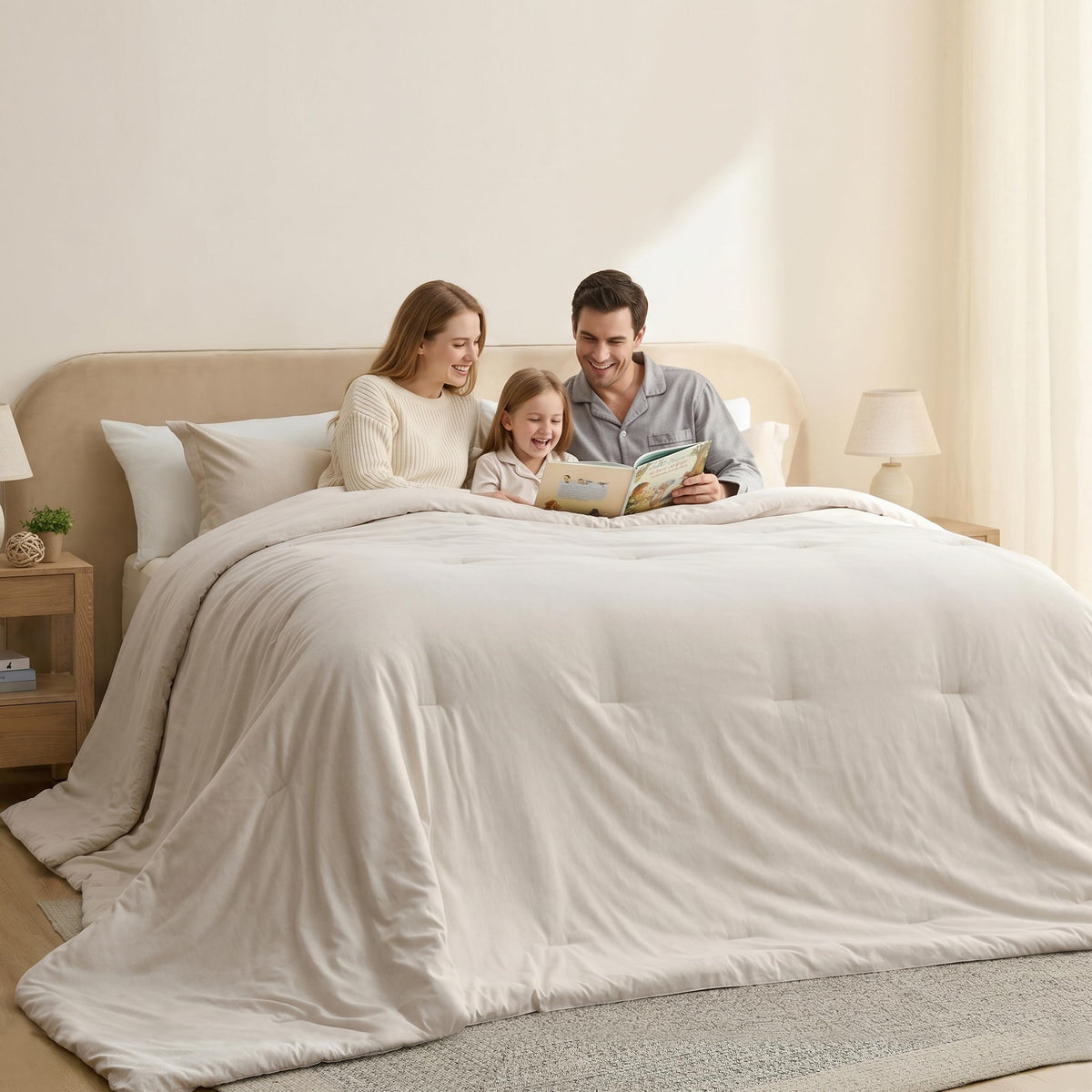 Bedsure comforter front view showing full super king coverage and neat drape benefit