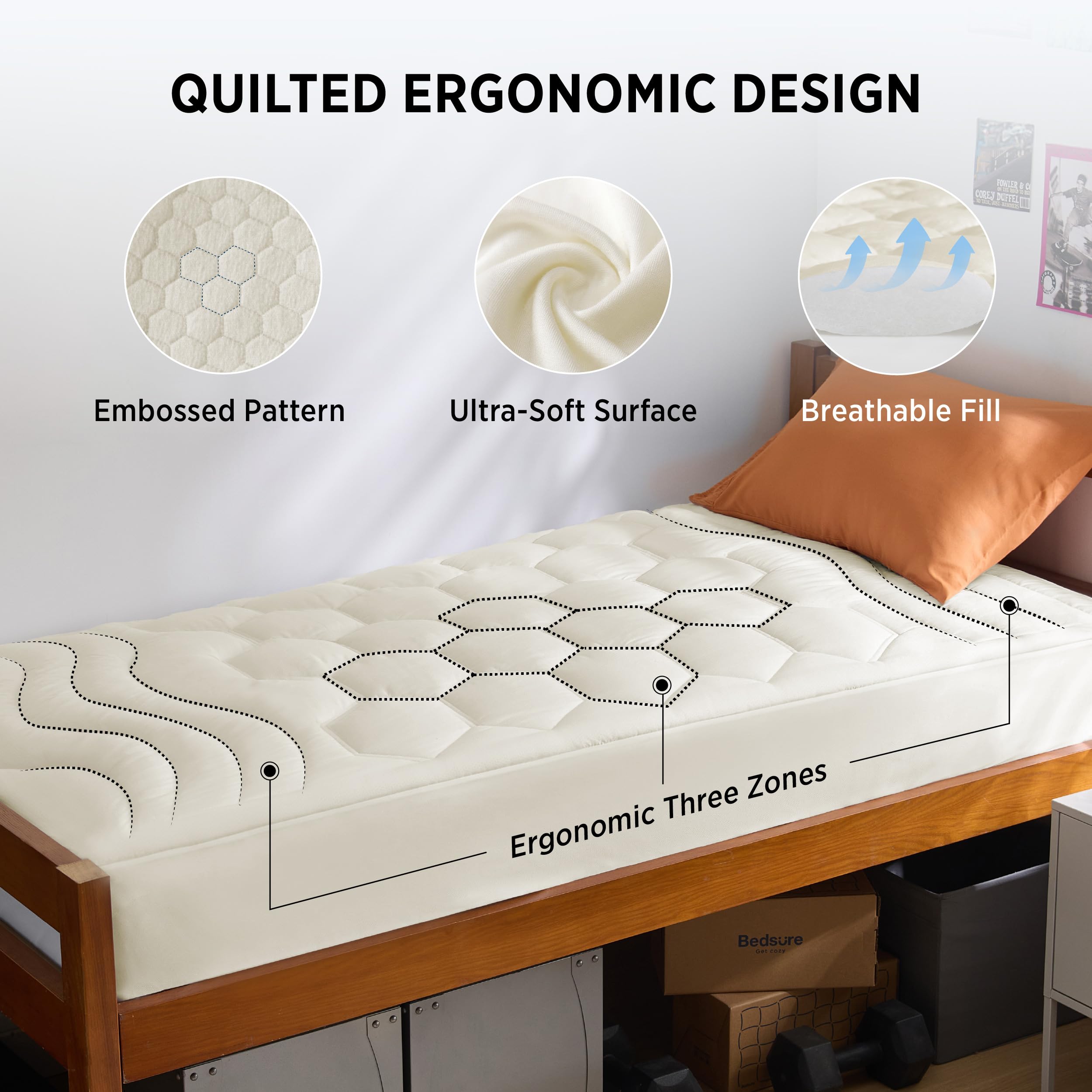 Bedsure three-zone quilting closeup showing targeted comfort and support