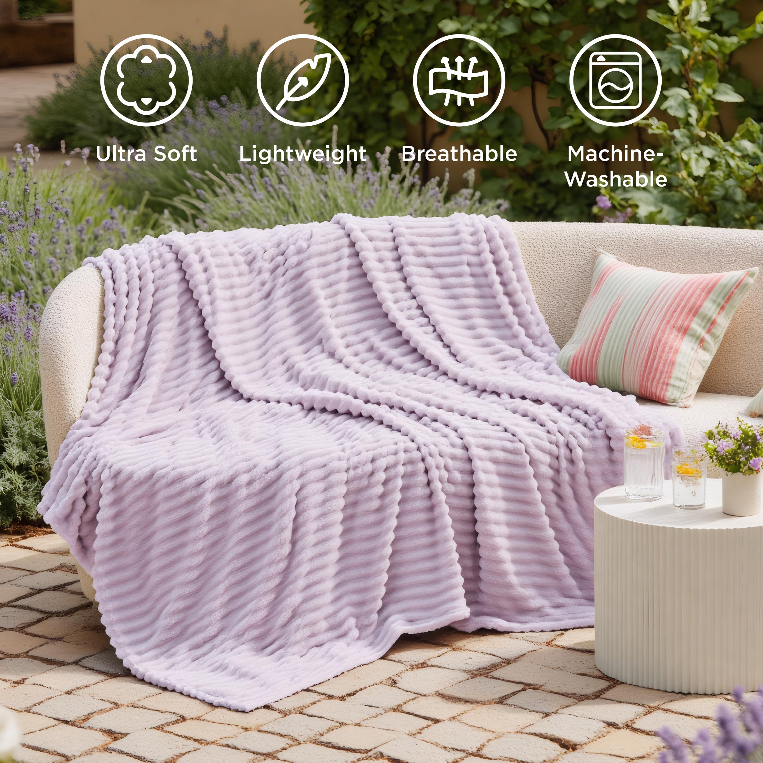 Bedsure throw arranged on bed to showcase calming Lavender Fog color palette