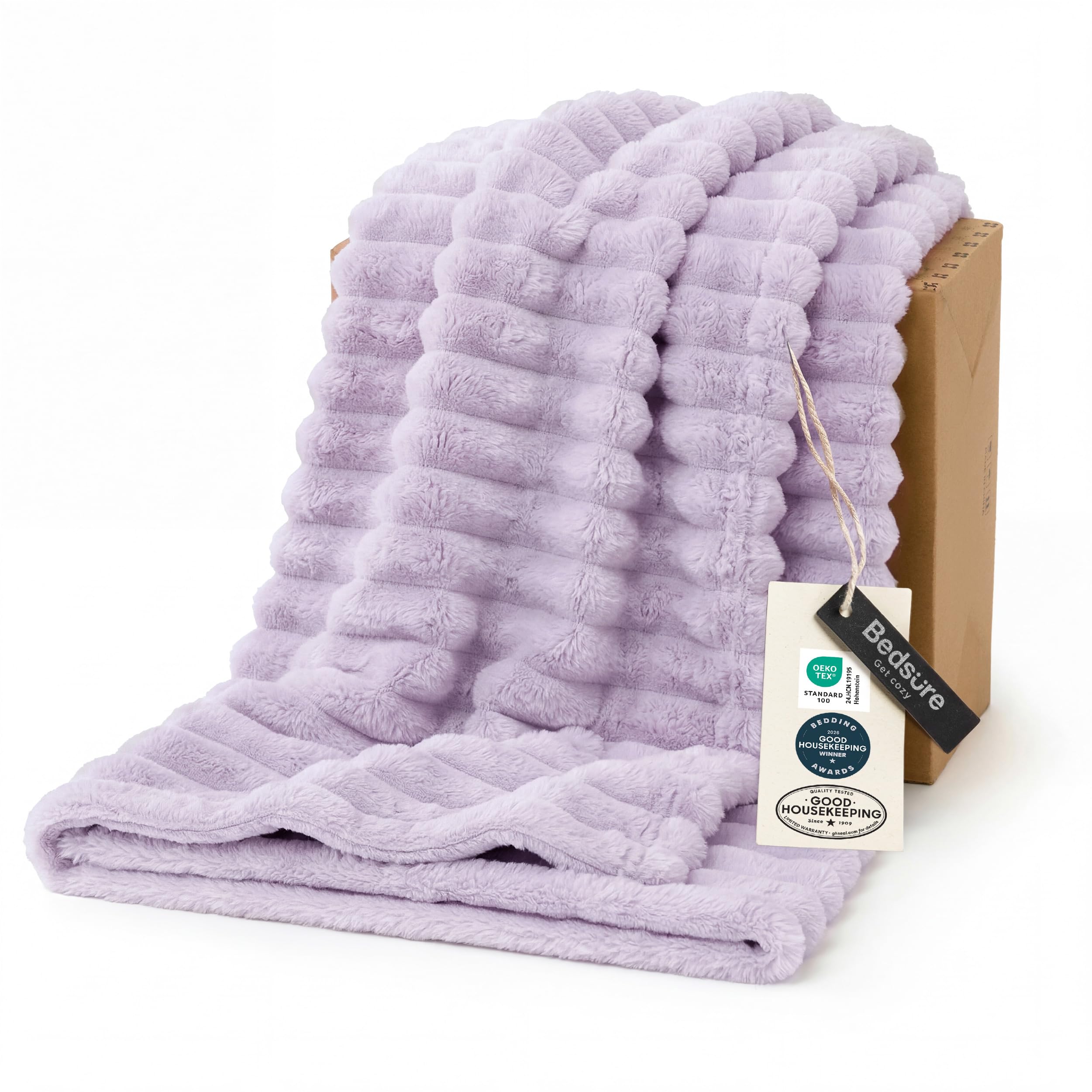 Bedsure front view folded Lavender Fog throw showing neat styling and cozy look