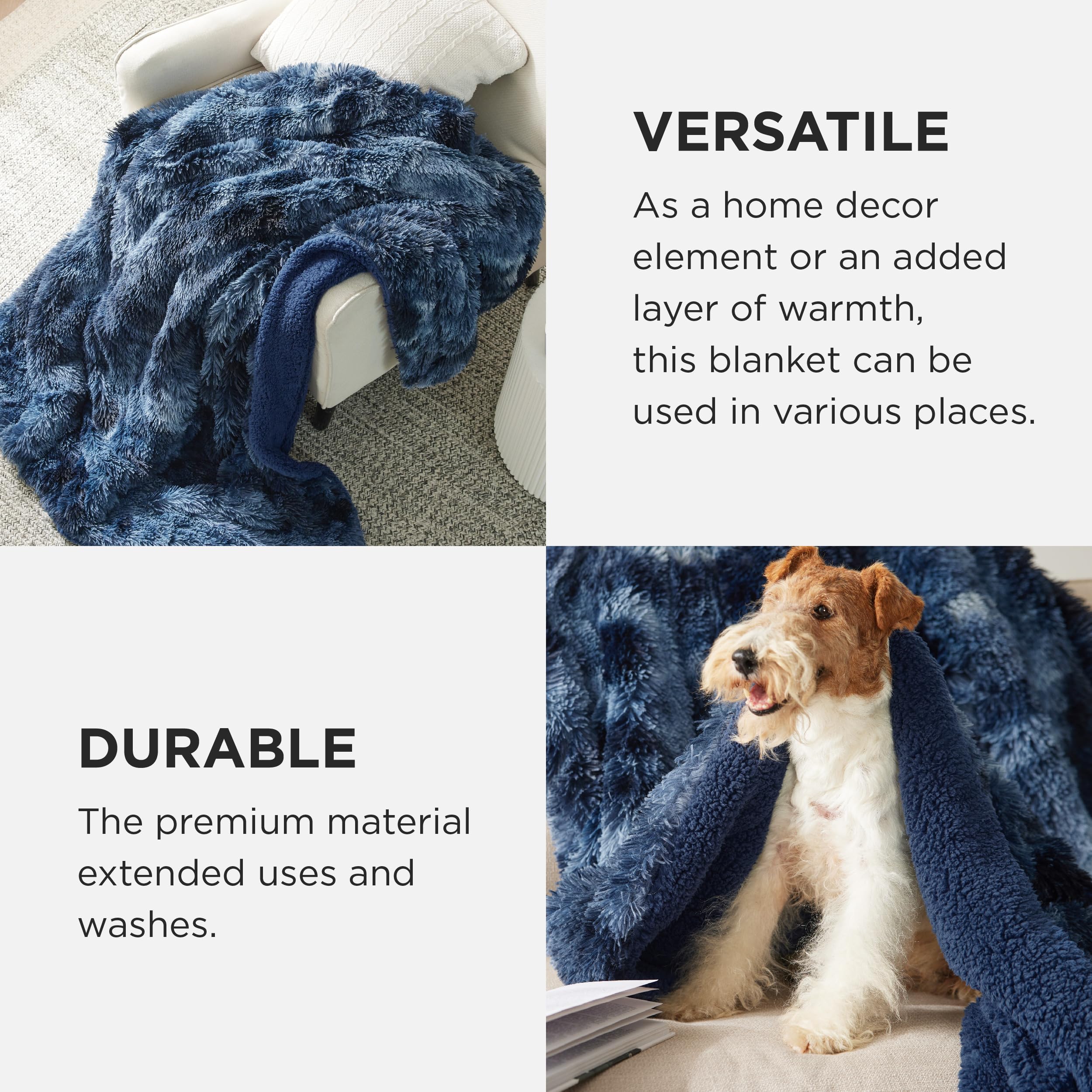 Bedsure throw spread on couch demonstrating decorative tie dye navy and cozy drape