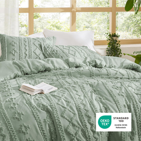Bedsure comforter styled on a made bed in a living room for calming ambiance
