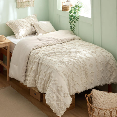 Bedsure tufted boho comforter front view showing cozy neutral bedding benefit