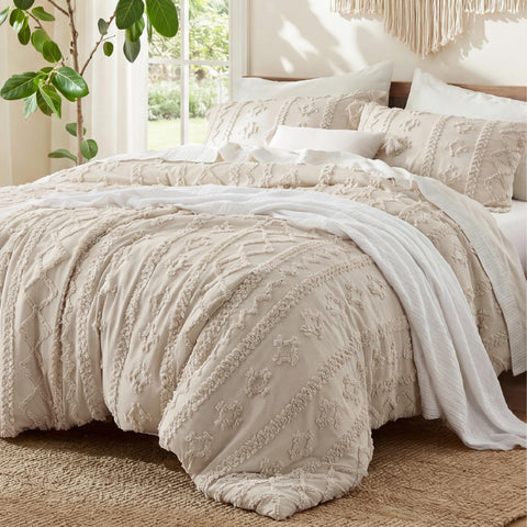 Bedsure beige comforter front view showing boho tufted design and cozy look