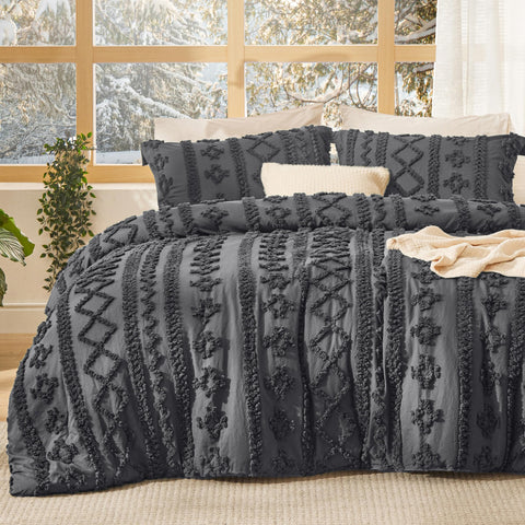 Bedsure front view of boho comforter set showing dark grey elegance and cozy look