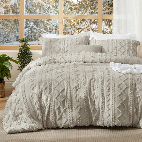 Bedsure comforter front view showing tufted boho embroidery and cozy appeal