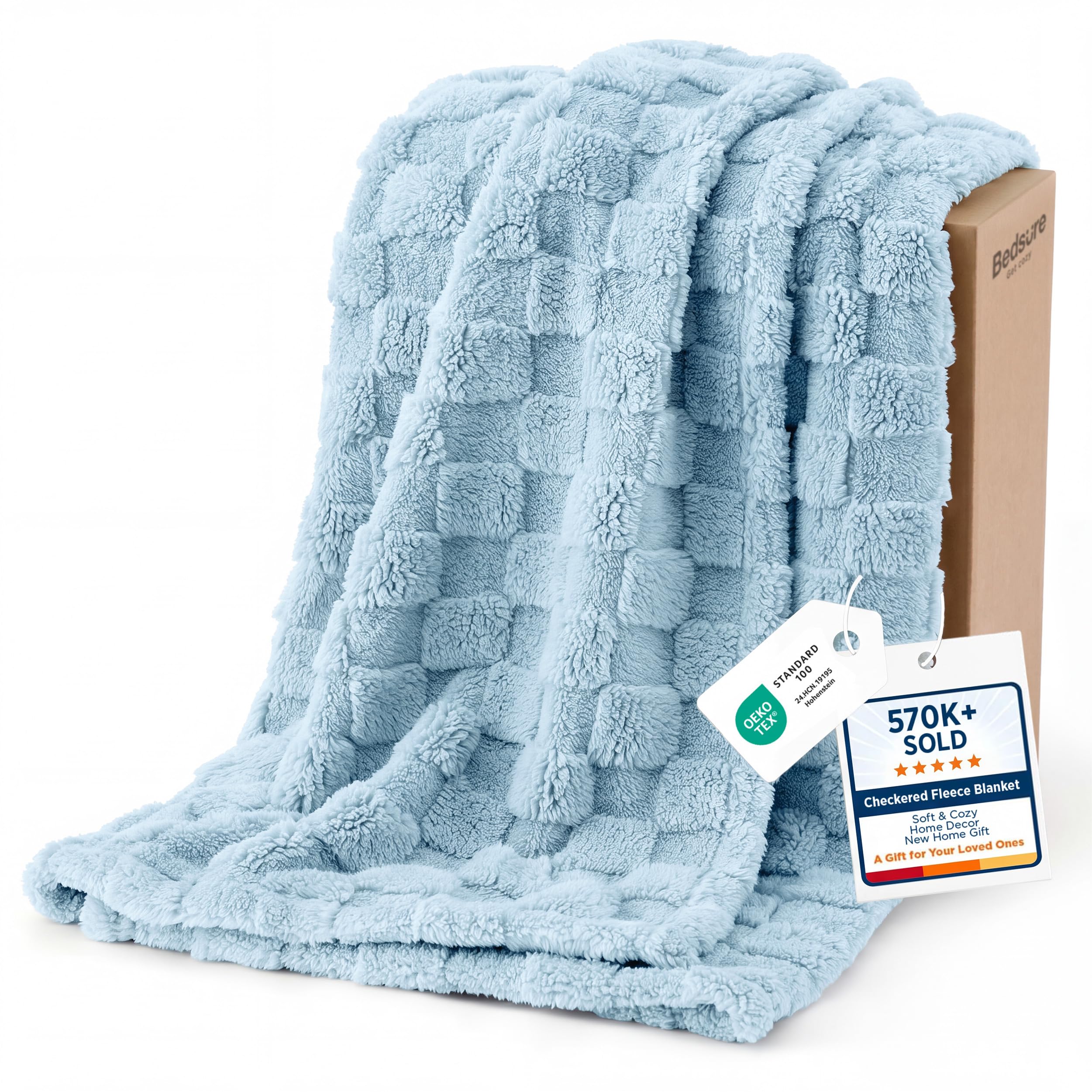 Bedsure light blue twin blanket front view showing soft texture and cozy appeal