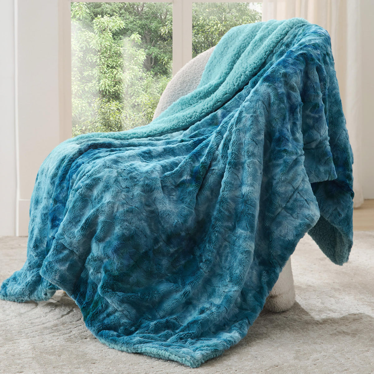 Bedsure blanket front view showing teal tie-dye and cozy look for decor