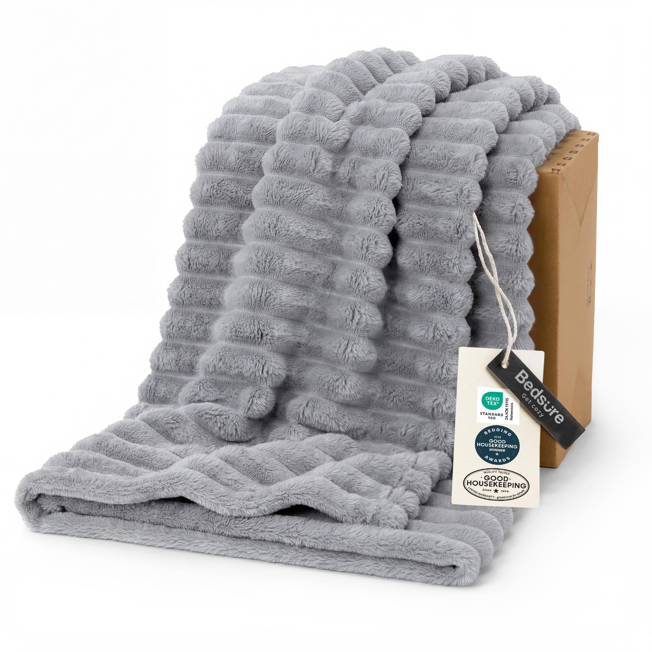 Bedsure front view of light grey twin blanket showing modern stripes and cozy look