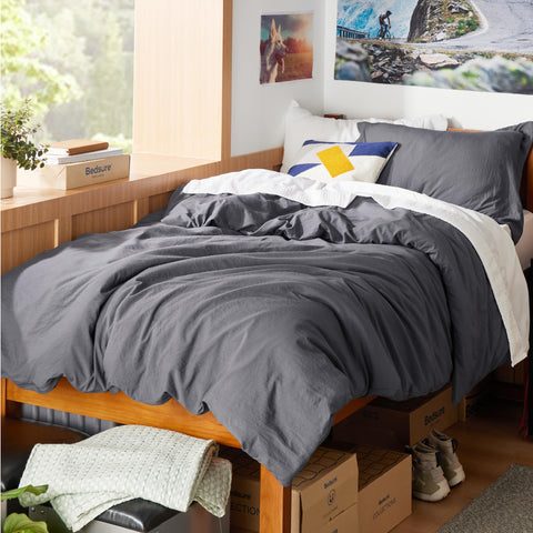 Bedsure twin duvet cover front view showing dark grey color and neat fit