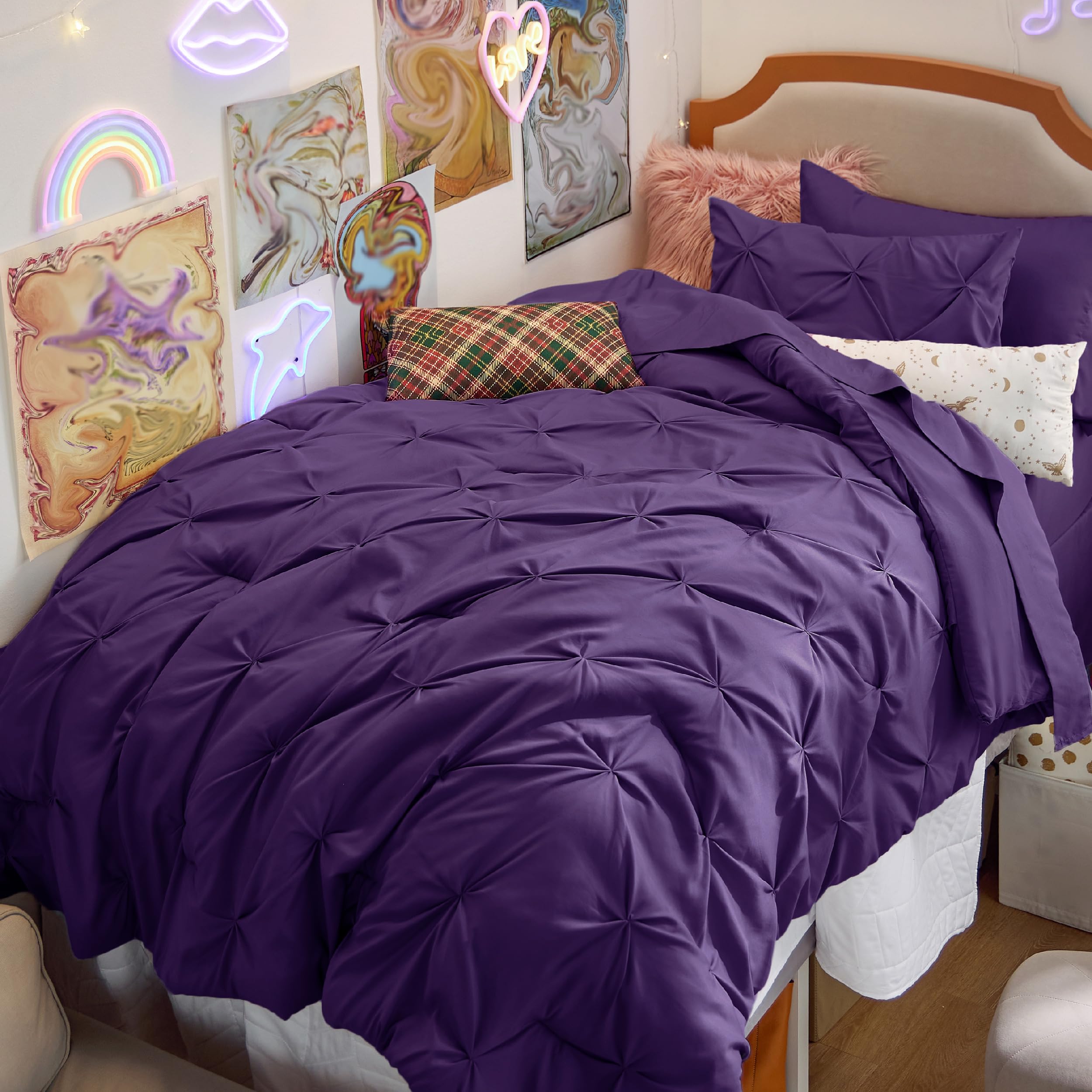 Bedsure front view of Twin XL 5-piece purple set shows complete bedding bundle