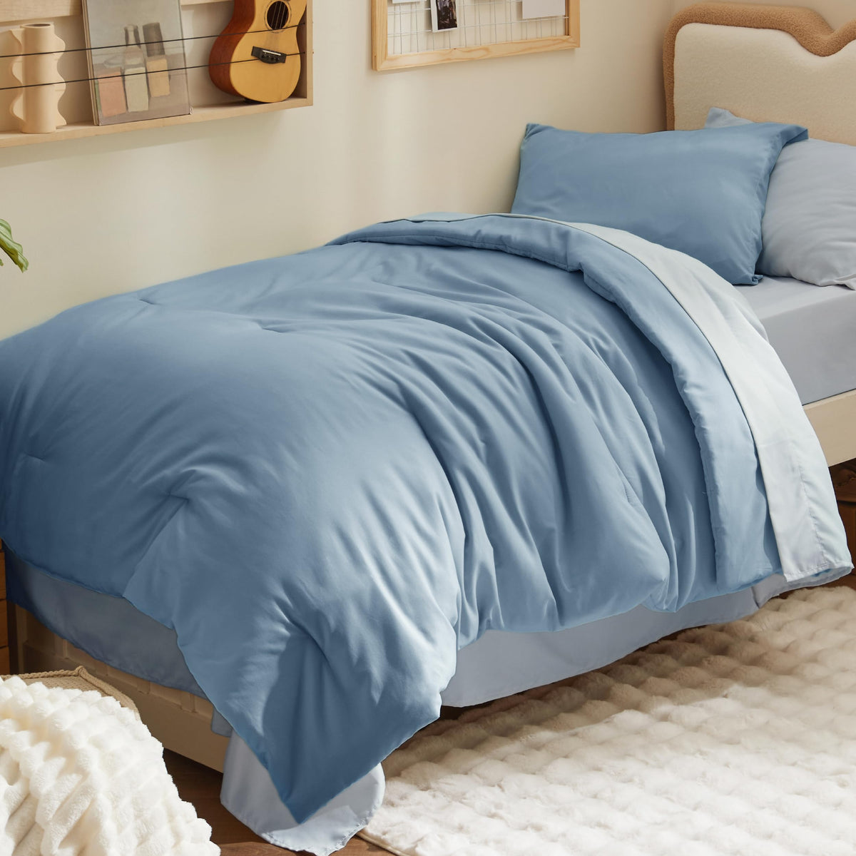 Bedsure front view of twin XL comforter set showing neat dual-tone styling and quick setup benefit