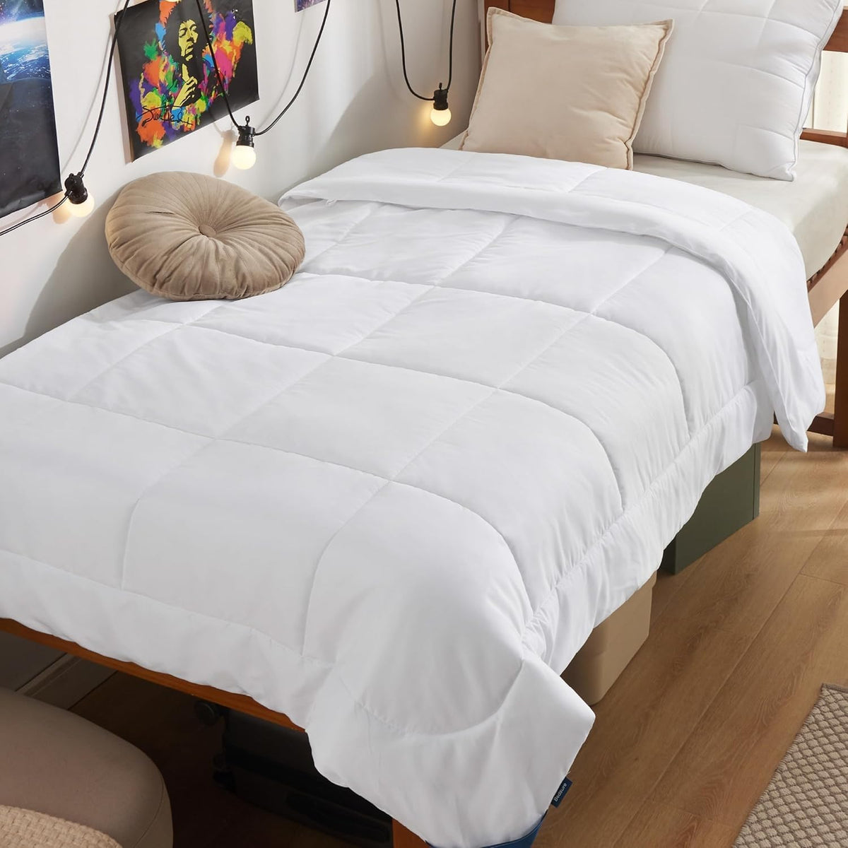 Bedsure Twin XL front view showing white quilted comforter and neat corners for clean bedding look