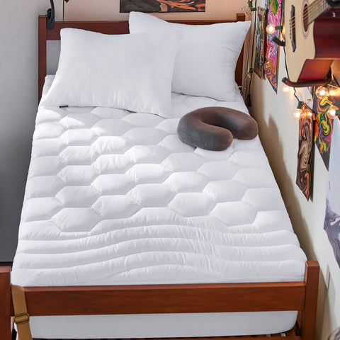 Bedsure front view of Twin XL mattress pad showing fitted skirt and clean white finish for secure fit