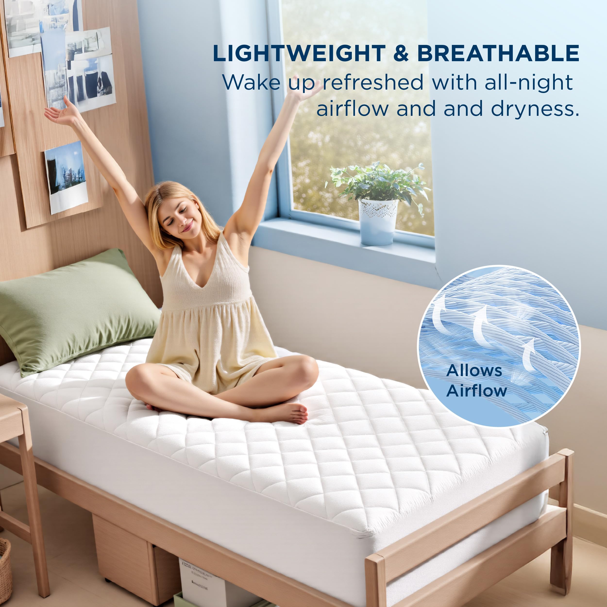 Bedsure cutaway illustrating waterproof TPU layer protecting mattress from spills