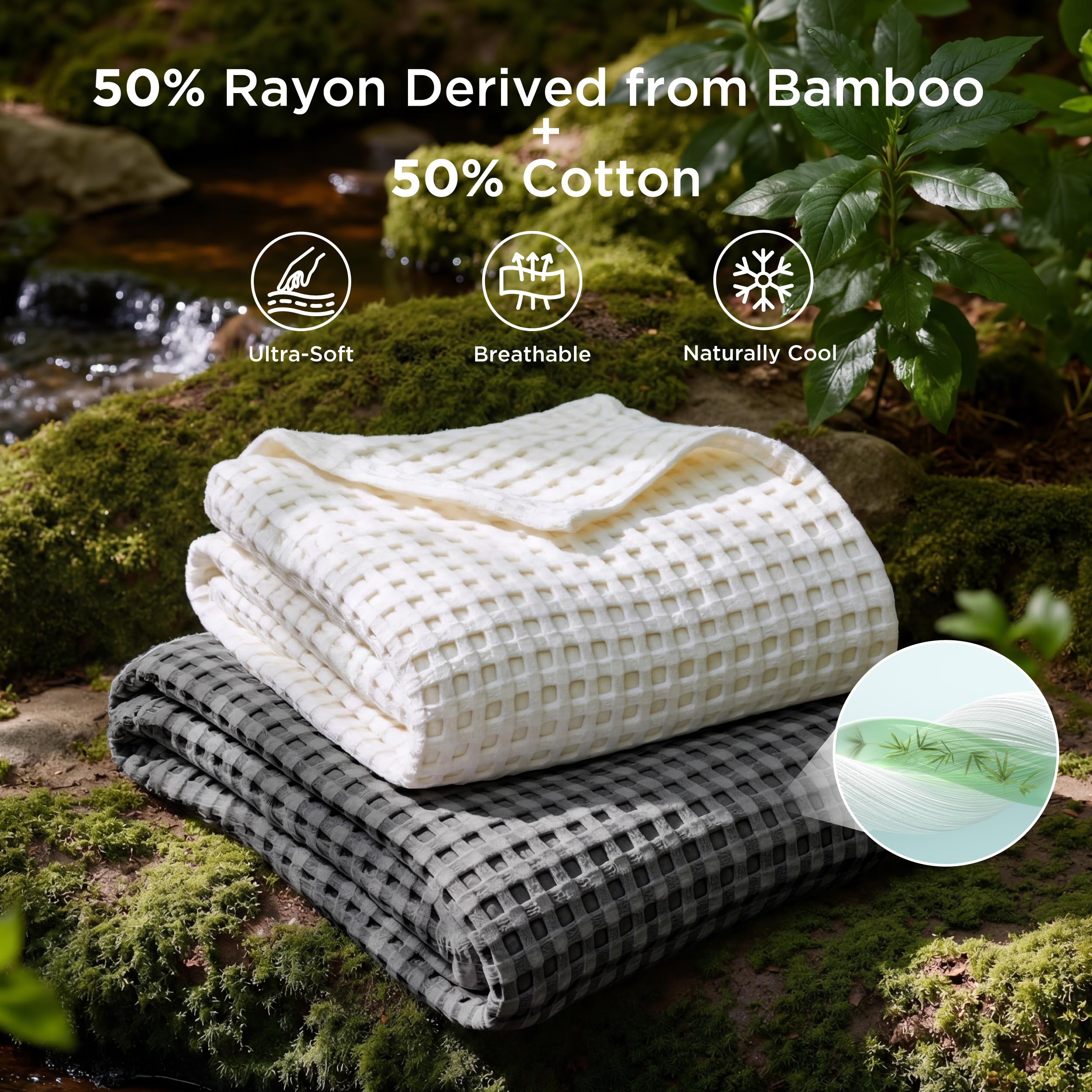 Bedsure waffle blanket texture close-up highlights airflow-enhancing knit and soft touch
