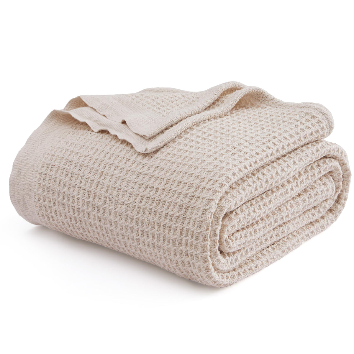 Bedsure front view of beige waffle blanket shows neat finish and cozy look