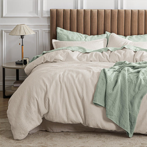 Bedsure front view of beige waffle comforter showing clean modern styling and cozy appeal