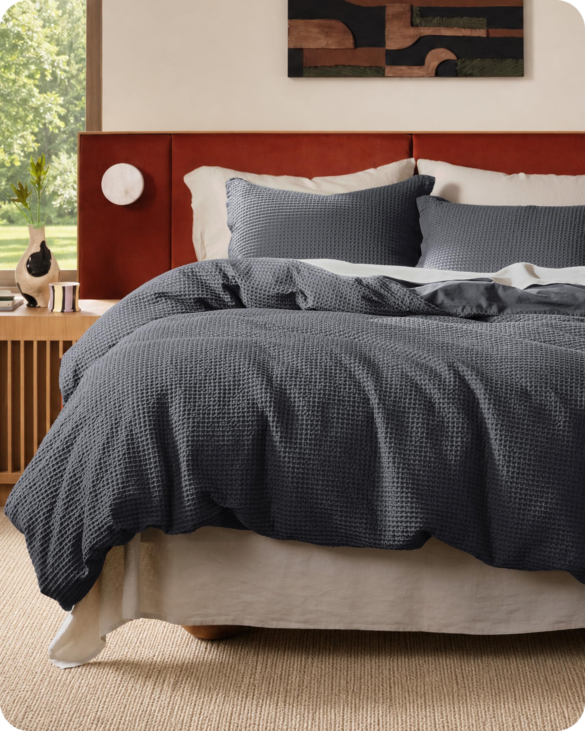 Bedsure queen duvet cover front view highlighting waffle texture and neat finish