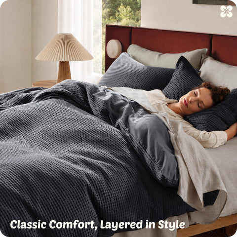 Bedsure duvet on queen mattress showing drape and size comparison benefit