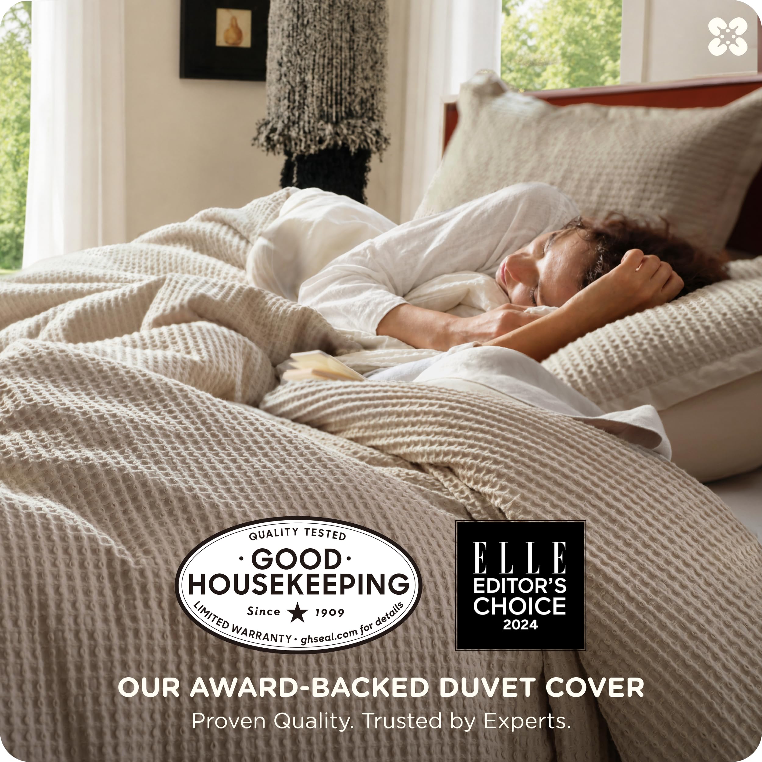 Bedsure waffle texture close-up highlighting breathable cotton weave benefit