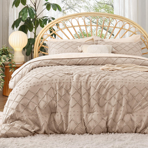 Bedsure front view showing warm tan comforter and coordinated look for instant bedroom update