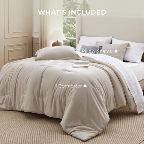 Bedsure comforter in front of washing machine indicating machine-washable ease