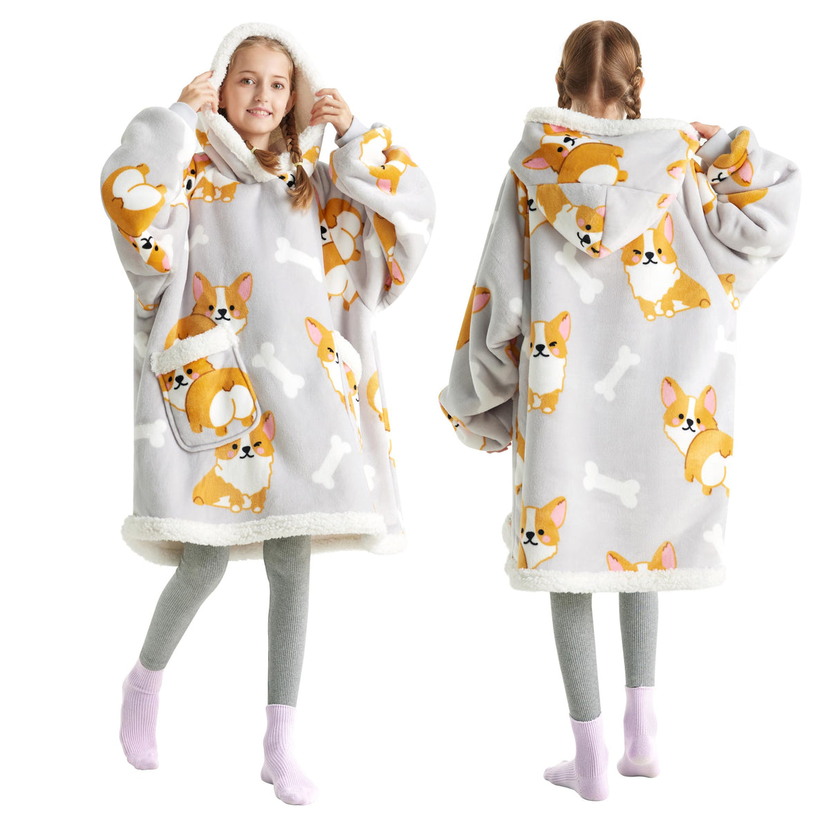 Bedsure wearable blanket front view showing corgi design and cozy fit