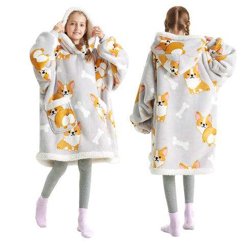 Bedsure wearable blanket front view showing corgi design and cozy fit