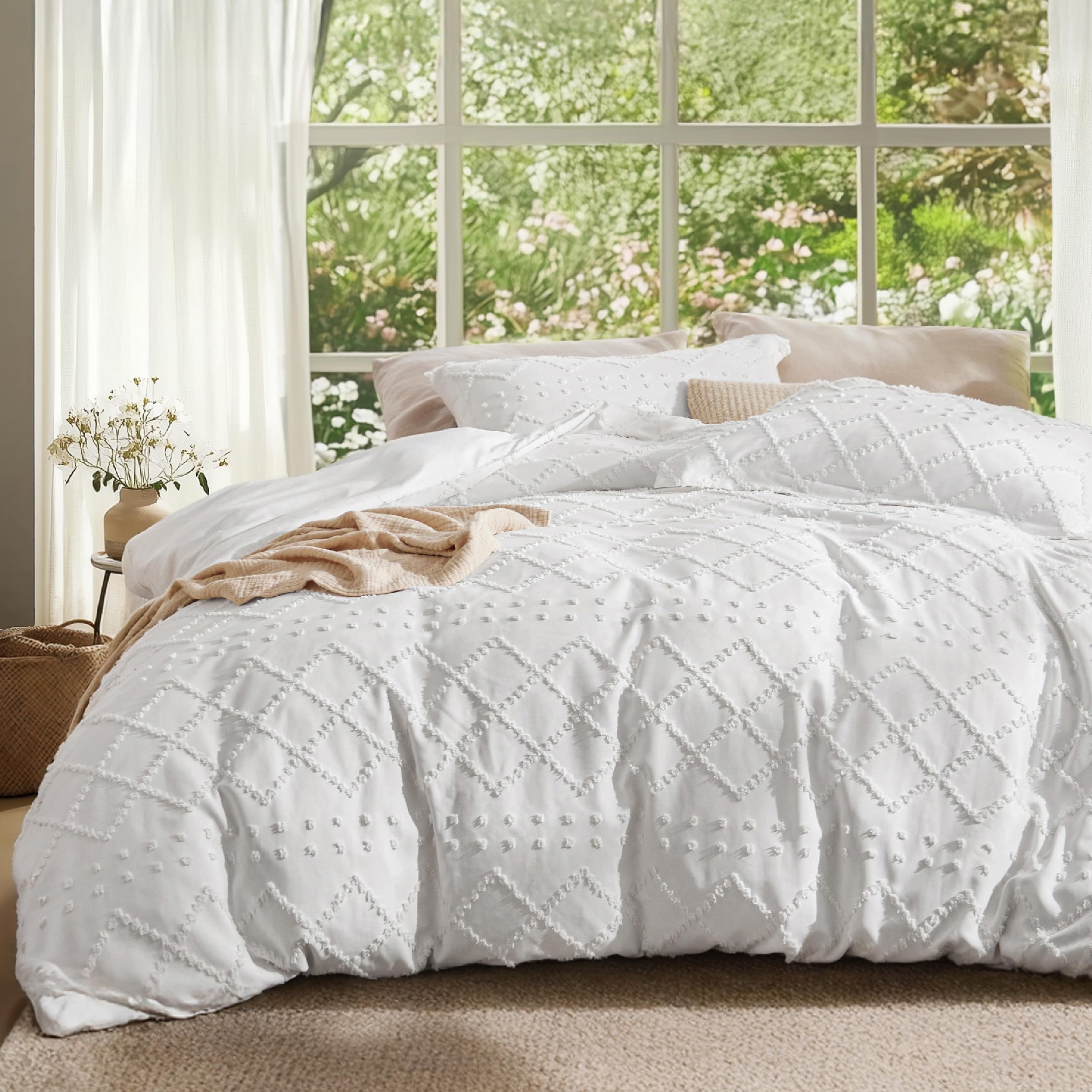 Bedsure white boho duvet cover front view shows textured style and cozy aesthetic