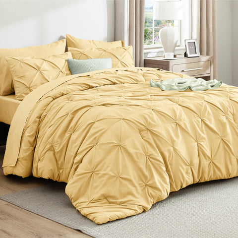 Bedsure yellow comforter front view showing full bed styling and brightening effect
